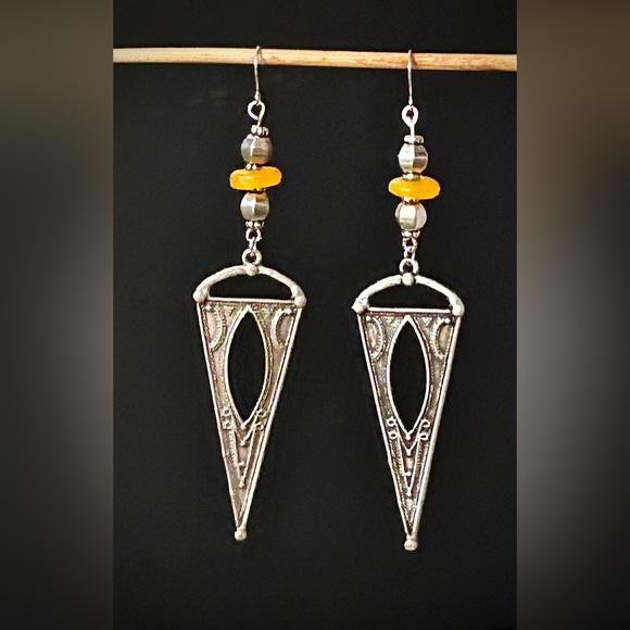 Jewelry - Antique Silver and Yellow glass Geometric Dangle Earrings